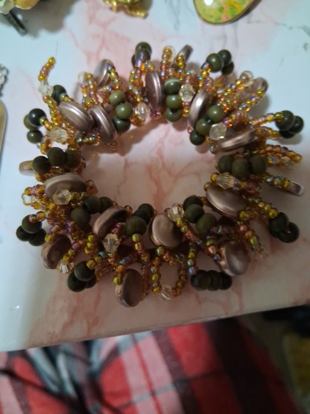 Gold and Olive Beaded Stretch Bracelet - Women Jewelry